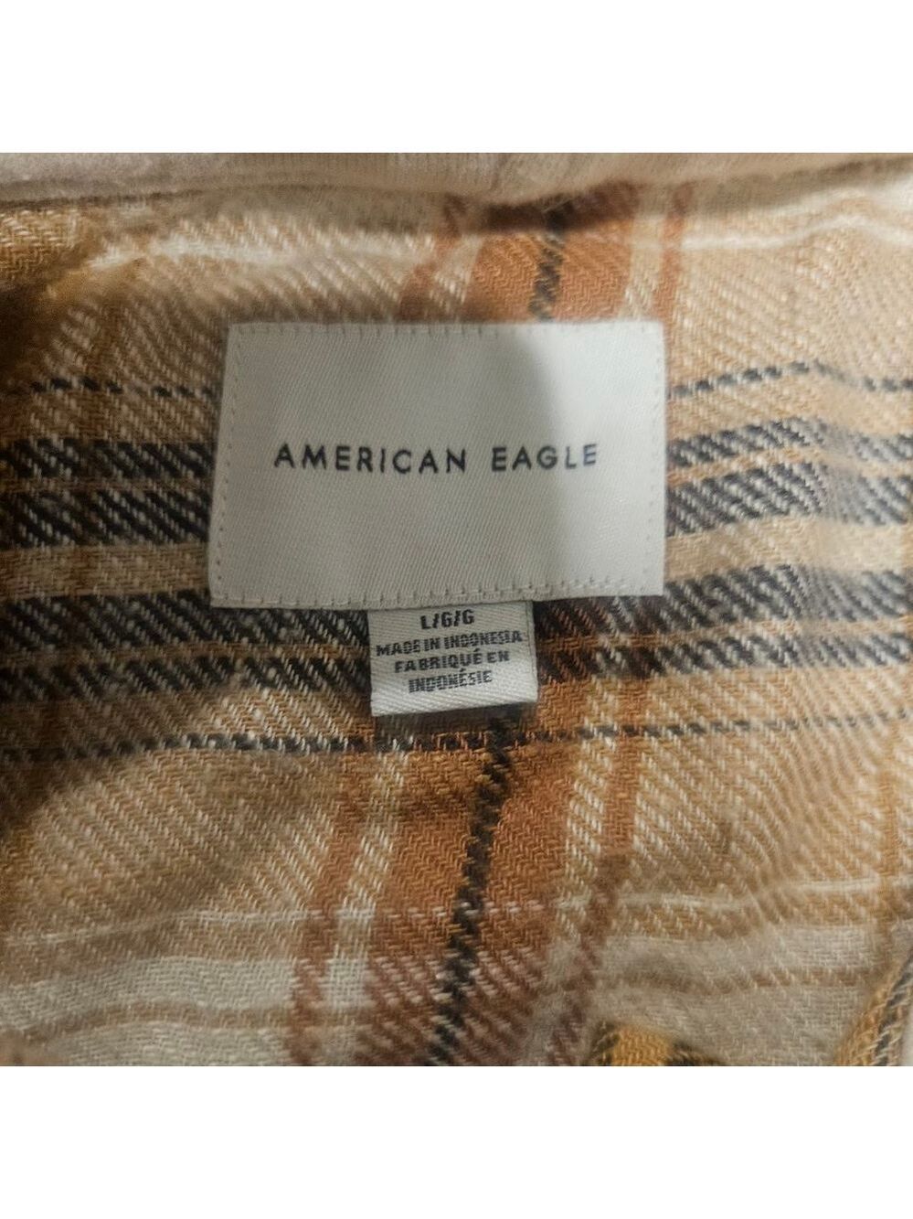 Women's American Eagle Oversized Hooded Plaid Flannel Shirt L Beige Brown - Picture 4 of 11